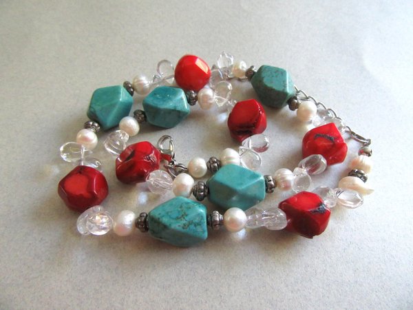 Red Coral Freshwater Pearls Turquoise Necklace
