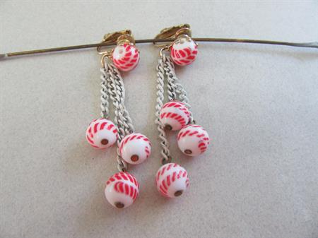 Mod 1960's Glass Earrings Clip On Red and White Baseball Design Vintage Costume Jewelry