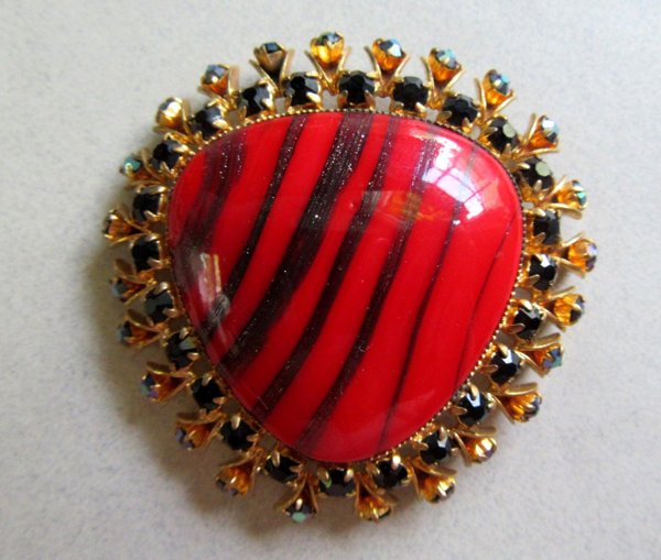 Red Venetian Art Glass Rhinestone Pin Vintage Jewelry 