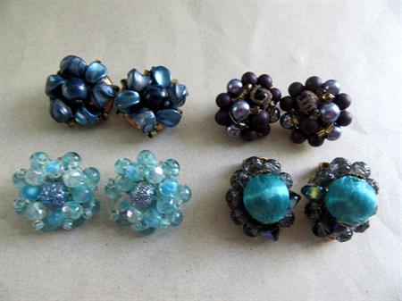 Blue Cluster Earrings Lot Clip On Germany Hong Kong Japan 1950's Signed Costume Jewelry '50's Accessories 