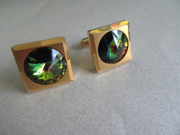Watermelon Rivoli Crystal Cufflinks Mens Vintage Jewelry 