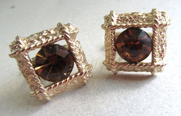 Brown Rhinestone Cufflinks Mens Vintage Jewelry