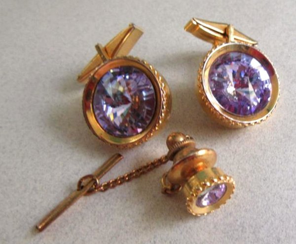 Vintage Rivoli Crystal Cufflinks Set Mens Jewelry 