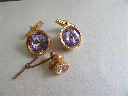 Purple Rivoli Crystal Cufflinks and Tie Tac Set Mens Vintage Jewelry Shirt Accessories