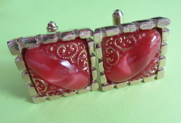 Vintage Red Glass Cufflinks Mens Jewelry 