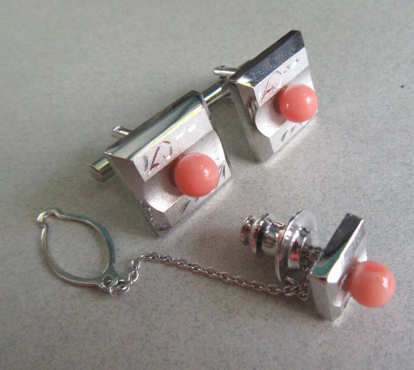 1950's Coral Glass? Cufflinks Mens Vintage Jewelry
