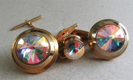 1970's  Rivoli Crystal Cufflinks Set Mens Vintage Jewelry 