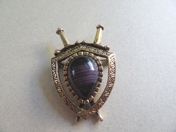 Vintage Purple Glass Pin Shield and Sword