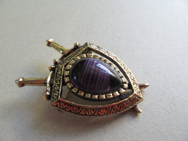 Vintage Purple Glass Pin Shield and Sword
