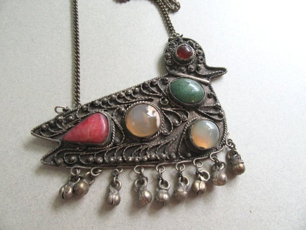 Vintage Gemstone Bird Bells Necklace India 