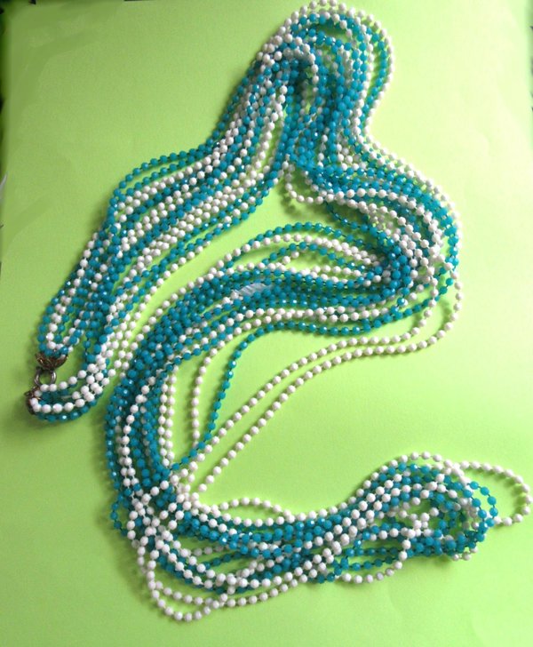 1960's Mod Long Necklace Blue  White Vintage Jewelry 