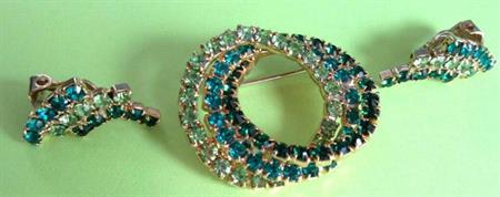 1950's Rhinestone Pin Set Green Blue Vintage Jewelry