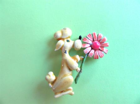 JJ Yellow Poodle Pin With Flower Anthropomorphic Signed Vintage Costume Jewelry Hippie Dog Figural 