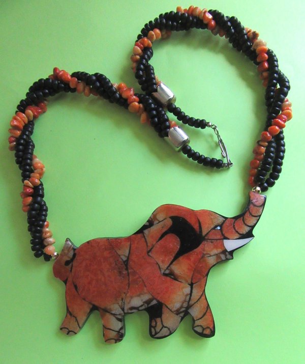 1980's Apple Coral Elephant Necklace Vintage Jewelry 