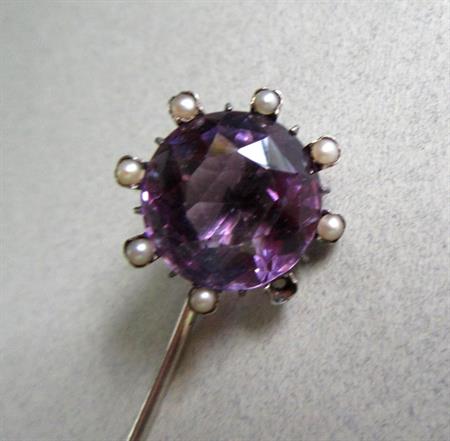 Victorian Genuine 10k Gold Stick Pin Amethyst ? Genuine Pearls Antique Fine Jewelry