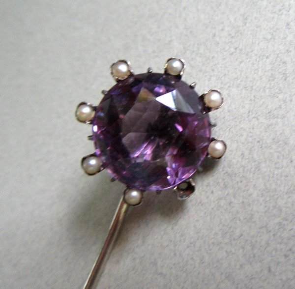 Victorian 10k Gold Stick Pin Amethyst ? Genuine Pearls  Fine Jewelry