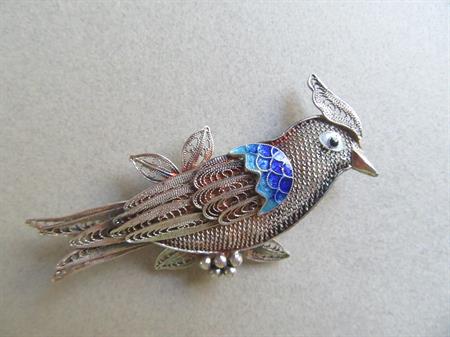 Chinese Export Spun Sterling Silver Cockatoo Pin Brooch Fine Jewelry Tropical Bird Enameled Birder Birding