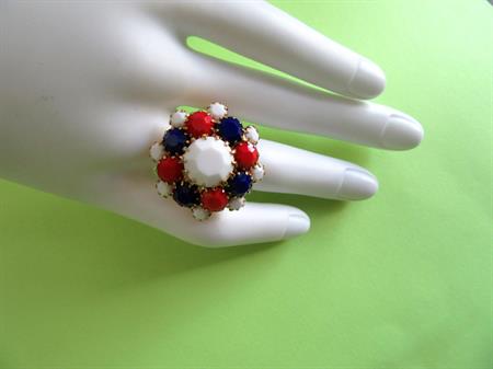 1960's Mod Glass Rhinestone Ring red White Blue Patriotic 60's Accessories 