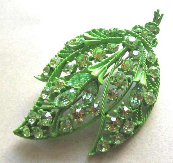 Vintage Green Rhinestone Leaf Pin 1960's Jewelry