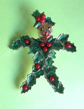 Anthropomorphic Holly Pin Vintage Costume Jewelry Signed Beatrix Christmas Holiday Figural