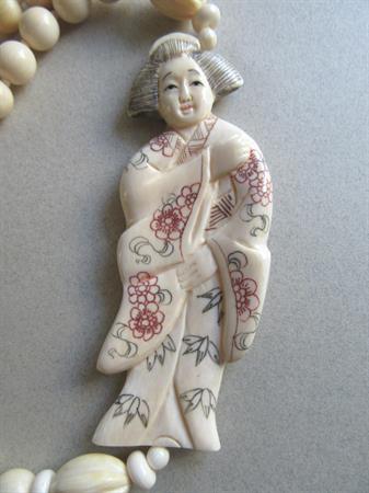 Geisha Girl Netsuke Necklace Mammoth Fossil Ivory Vintage Jewelry