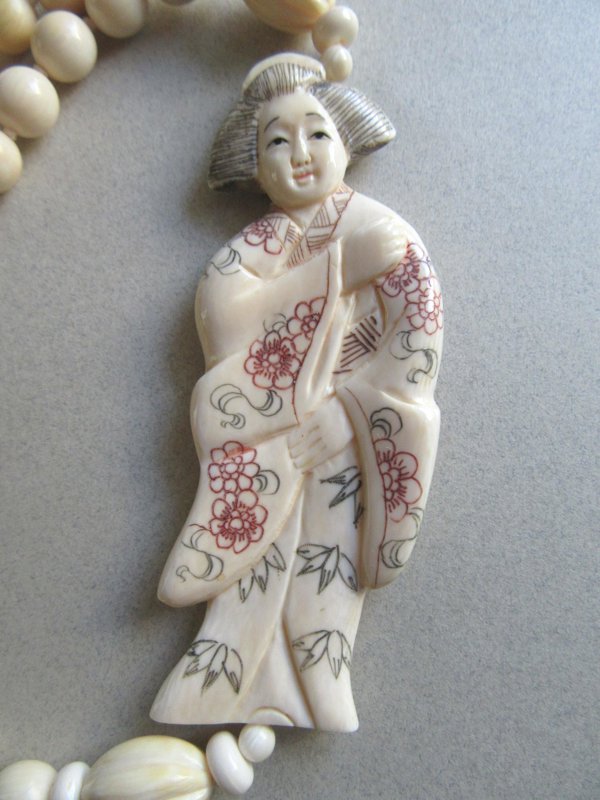 Geisha Girl Netsuke Necklace Mammoth Fossil Ivory Vintage Jewelry
