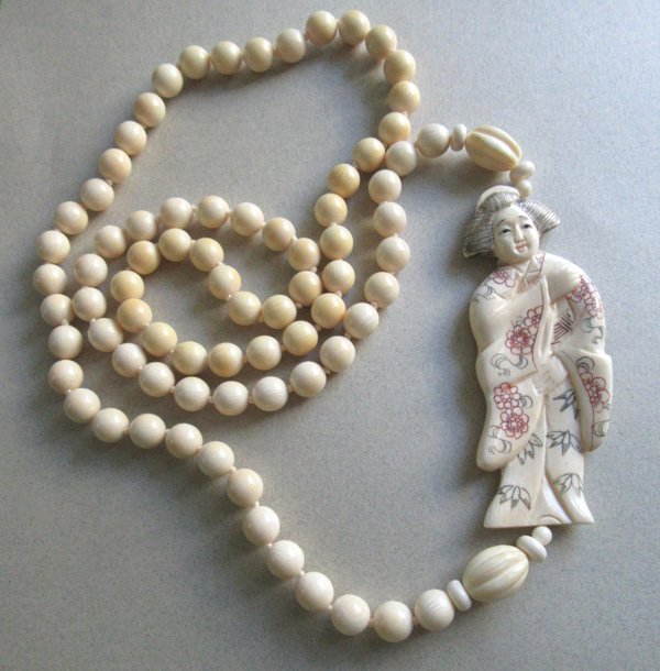 Geisha Girl Netsuke Necklace Mammoth Fossil Ivory Vintage Jewelry