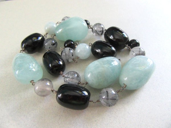 Genuine Stone Sterling Silver Necklace 19" Aventurine or Aquamarine Onyx Rutilated Quartz Beads