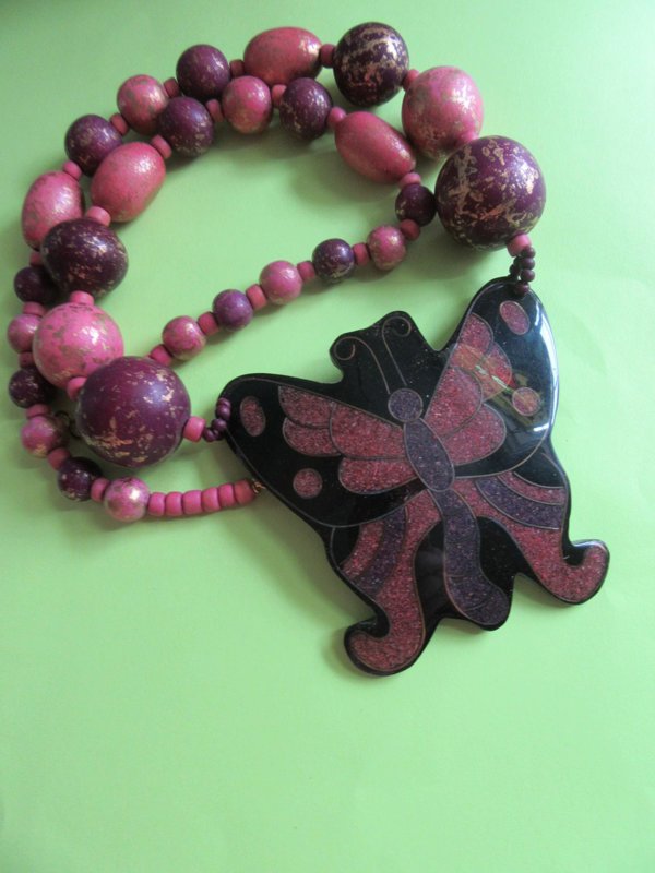 1980's Sand Art Butterfly Necklace Pink Purple Vintage Jewelry 