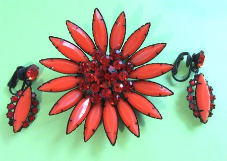 Japaned Orange Black Rhinestone and Lucite Pin Earrings Set Costume Jewelry 1950's Fall Accessories Halloween Colors