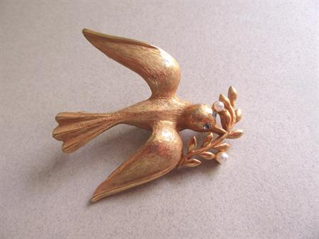 Marvella Peace Dove Pin with Olive Branch Signed Vintage Costume Jewelry Bird Birder Figural Christmas