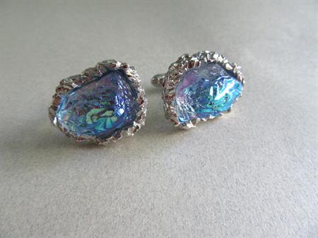 Vintage Swank GLASS Cufflinks Iridescent  Blue Baroque Men's Jewelry Shirt Accessories 1970's Cuff Links Gift For Him