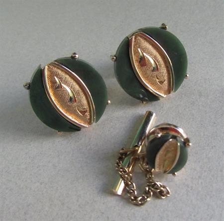 Vintage Swank Cufflinks Asian Inspired Faux Jade Cuff Links Tie Tac Set Mens Jewelry Shirt Accessories