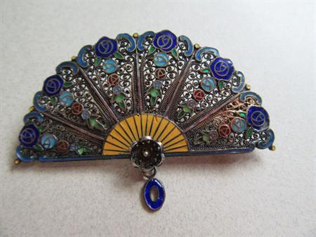 Vintage Fan Pin Topazio Sterling Portugal Enameled Roses Brooch Romantic Fine Jewelry Something Old Fine Jewelry