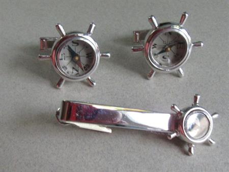 Mid Century Swank Compass Cufflinks and Tie Bar Set Mens Vintage Jewelry MCM Shirt Accessories Nautical Ship Wheel Captain Sailing Crusing