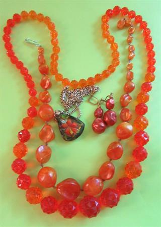 Orange Vintage Jewelry Lot Lucite Necklaces Western Germany Earrings Glass Reverse Painted Hibiscus Pendant