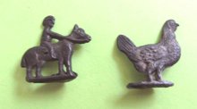1920's Cracker Jack Prize Toy Metal Stand Up Rooster And Horse with Jockey 