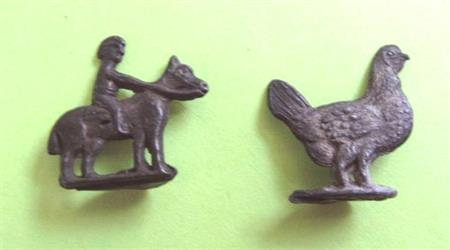 1920's Cracker Jack Prize Toy Metal Stand Up Rooster And Horse with Jockey 