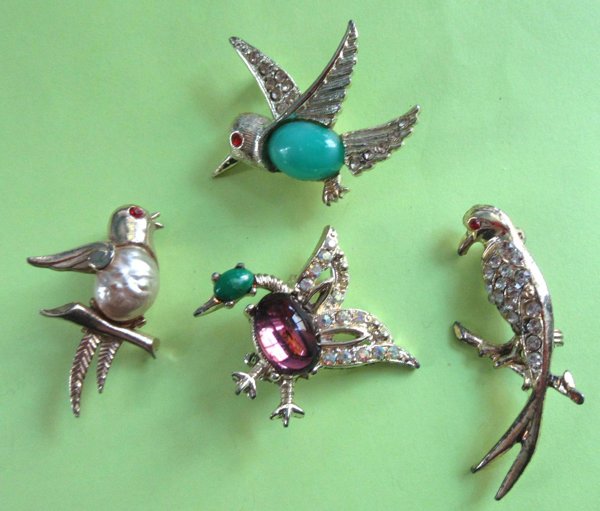 Four Vintage Rhinestone Bird Pin Lot Brooches