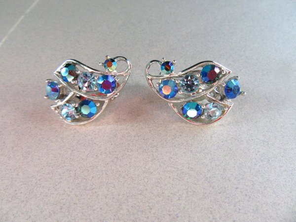 1950's Blue Rhinestone Earrings Vintage Jewelry