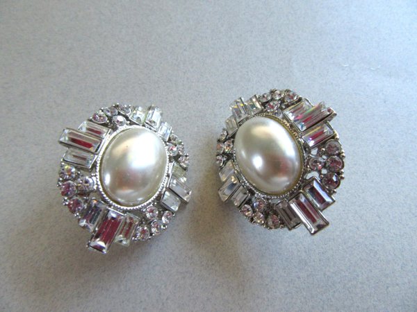 1980's Rhinestone Earrings Faux Pearl Vintage Jewelry