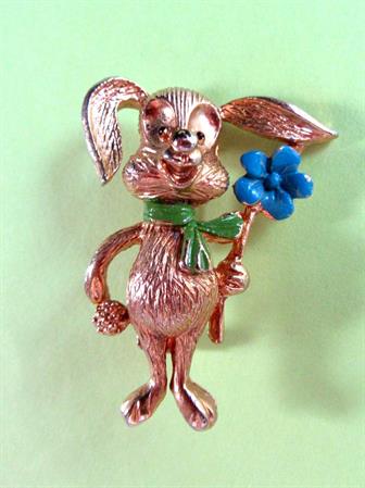 Anthropomorphic Pin Bunny Rabbit With Flower Pin Hippie Signed JJ Vintage Costume Jewelry Figural