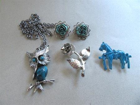 Small Costume Jewelry Lot Owl Necklace Flower and Horse Pins Clip on Earrings