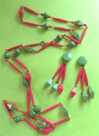 Mod 1960's Western Germany Pink and Green Necklace and Earrings Set Go Go Vintage Costume Jewelry 60's Accessories