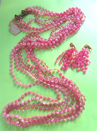 Mod 1960's Pink Necklace Clip Earrings Lot Old Stock Original Tag '60's Accessories