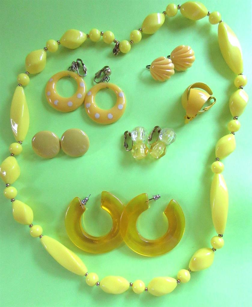 Vintage Yellow Jewelry Lot Lucite Necklace Clip On Earrings