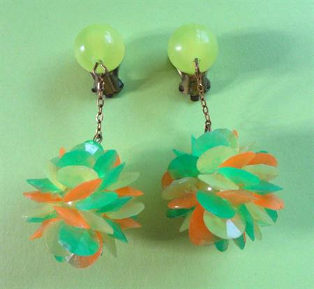 Mod 1960's Earrings Citrus Cluster Ball Clip Ons Orange Green Yellow '60's Accessories Go Go Vintage Costume Jewelry