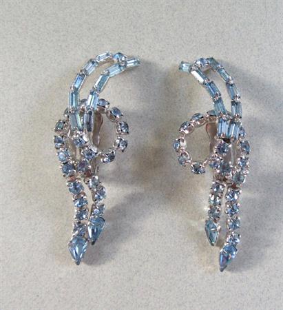 1950's Mid Century Elegant Blue Rhinestone Earrings Clip On Ear Climbers '50's Accessories Vintage Costume Jewerly