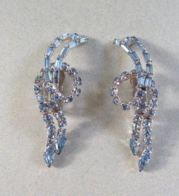 1950's Blue Rhinestone Earrings Vintage Jewelry