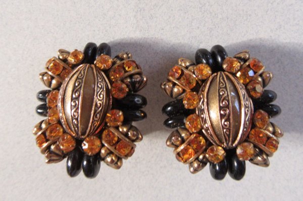Rhinestone Earrings Black Amber Vintage Jewelry